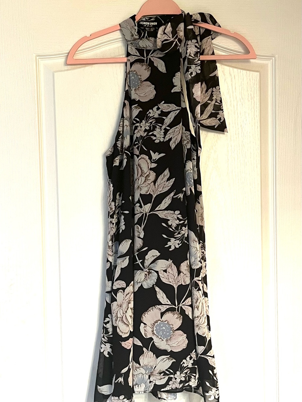 Fashion Union Black Halter Midi Dress with White and Pale Blue Floral Print
